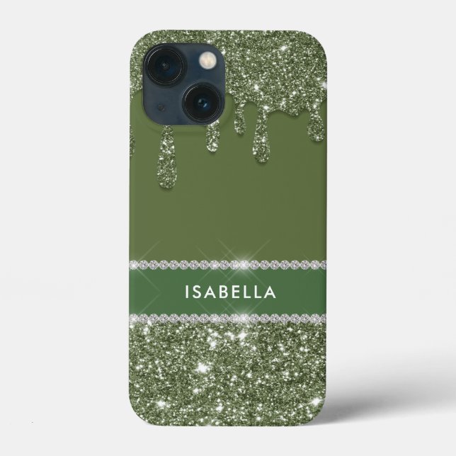 Funda De Case-Mate Para iPhone Moda moderna Sage Green Purpurina Sparkle Diamante (Reverso )