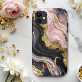 Funda Para iPhone 11 Moda Monograma de mármol Purpurina de oro rosa neg