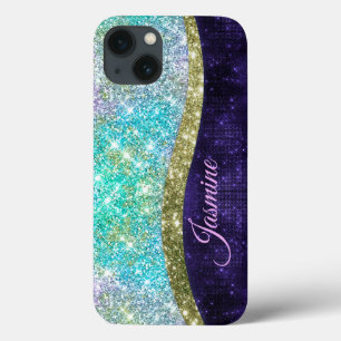 Funda Para iPhone 13 Moda monograma purpurina iridiscente azul morado