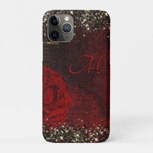 Funda Para iPhone 11 Pro Moda oro rojo negro purpurina flor monogramo noteb