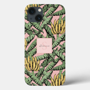 Funda Para iPhone 13 Moda Patrón de hojas de plátano tropical rosa y am