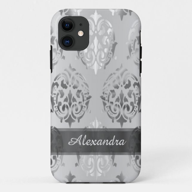 Funda De Case-Mate Para iPhone Moda personalizada elegante damasco gris plateado (Reverso)