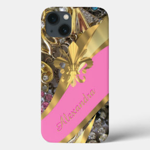 Funda Para iPhone 13 Moda personalizada elegante oro y brillo rosado