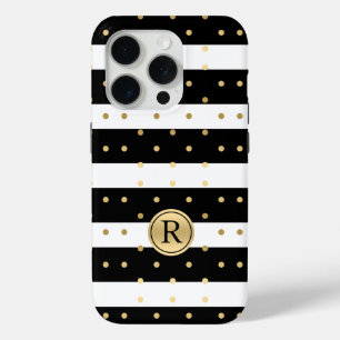 Funda Para iPhone 15 Pro Moda Puntos De Polka Oro Con Rayas Blancas Y Negra