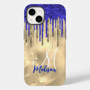 Funda Para iPhone 14 De Case-Mate Moda purpurina de oro azul real gotea monograma