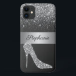 Funda Para iPhone 11 Moda Purpurina Plata Diamond High Heel Shoe Name<br><div class="desc">Proteja su teléfono con estilo con este purpurina de moda y estuche de teléfono de vidrio. Esta elegante plantilla de diseño presenta un zapato de tacón alto hecho de diamantes blancos sobre un fondo negro. Arriba hay una franja de textura metálica plateada con tu nombre para personalizar acentuada por una...</div>