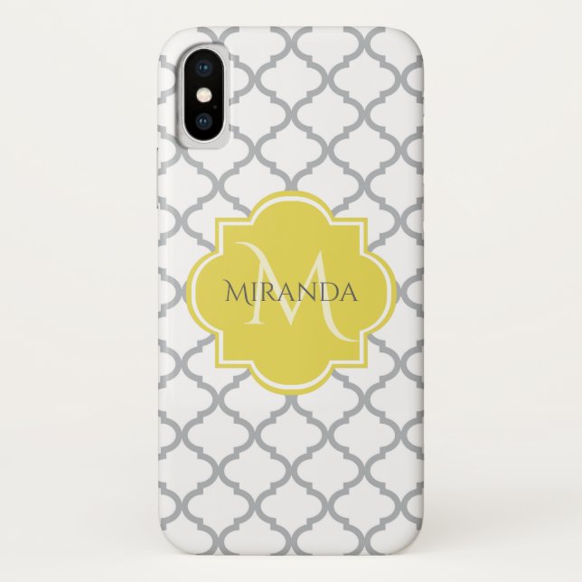 Funda De Case-Mate Para iPhone Moda Quatrefoil gris blanco Monogramo amarillo Nom (Reverso)