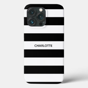Funda Para iPhone 13 Pro Moda rayas negras y blancas monograma nombre perso