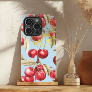 Funda Para iPhone 15 Moda Rojo, Azul Pastel y Fruta de Cerezo de Oro