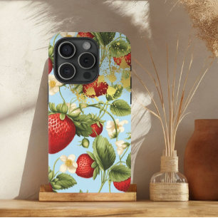 Funda Para iPhone 15 Moda Rojo, Azul Pastel y Fruta de fresa dorada