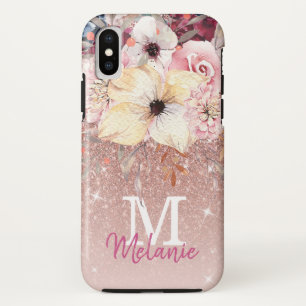 X Moda Rosa Floral Purpurina Gold Funda para iPhone 