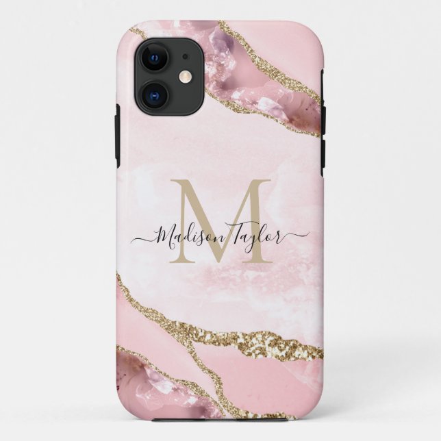 Funda De Case-Mate Para iPhone Moda Rubor Purpurina de oro rosado Marble Agate Mo (Reverso)