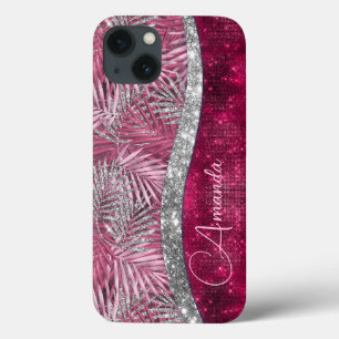 Funda Para iPhone 13 Moda rubor rosa fucsia purpurina hojas monograma