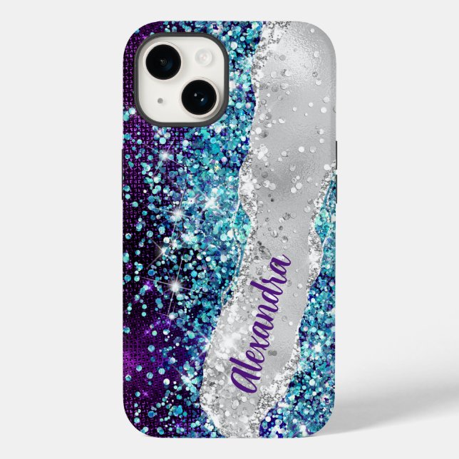 Funda De Case-Mate Para iPhone Moda Turquesa Purpurina  de imitación Plata Púrpur (Reverso )