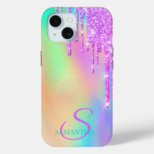 Funda Para iPhone 15 Moda Violeta Brillo en Goteo Arcoíris Holográfico