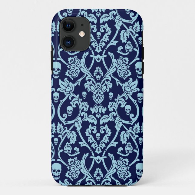 Funda De Case-Mate Para iPhone Modelo azul del damasco del cráneo (Reverso)