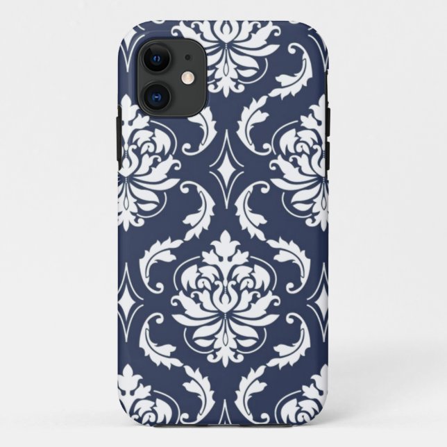 Funda De Case-Mate Para iPhone Modelo blanco del damasco de los azules marinos (Reverso)