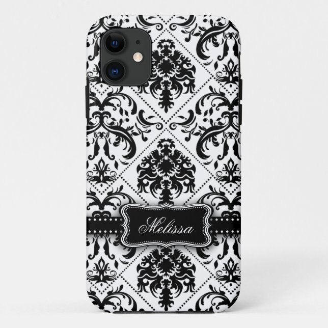 Funda De Case-Mate Para iPhone Modelo negro y blanco personalizado del damasco (Reverso)