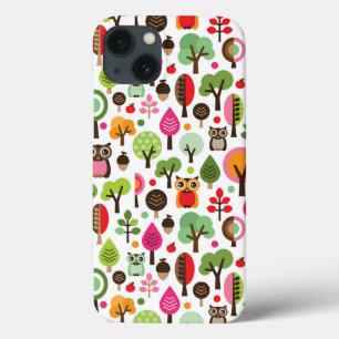 Funda Para iPhone 13 modelo retro del búho del árbol rosado de la hoja