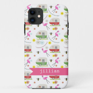 Funda Para iPhone 11 Modelo retro del remolque y de los flamencos
