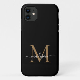 Funda Para iPhone 11 Modern Black Gold Monograma Feminine Script Name i