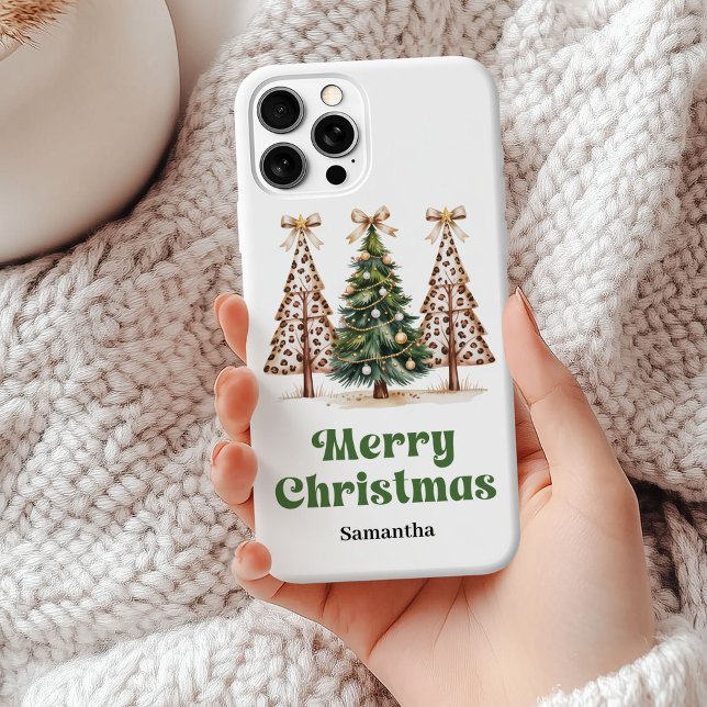 Funda De Case-Mate Para iPhone Modern Christmas trees green gold leopard pattern  (Modern Christmas trees green gold leopard pattern phone case)