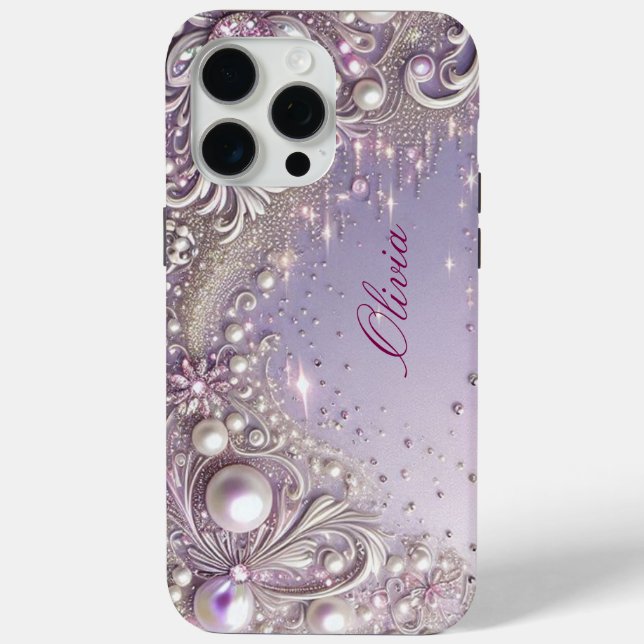 Funda De Case-Mate Para iPhone Modern elegant cute purple pearls Valentine’s Day (Reverso )