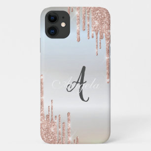 Funda Para iPhone 11 Modern Glitter Drips Rosa Dorado, Monograma de Pla
