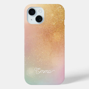 Funda Para iPhone 15 Modern Glitter Holographic Gold with Name