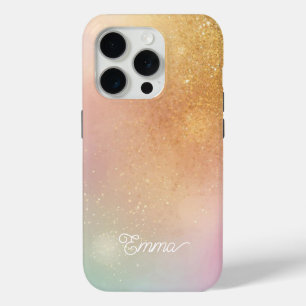 Funda Para iPhone 15 Pro Modern Glitter Holographic Gold with Name