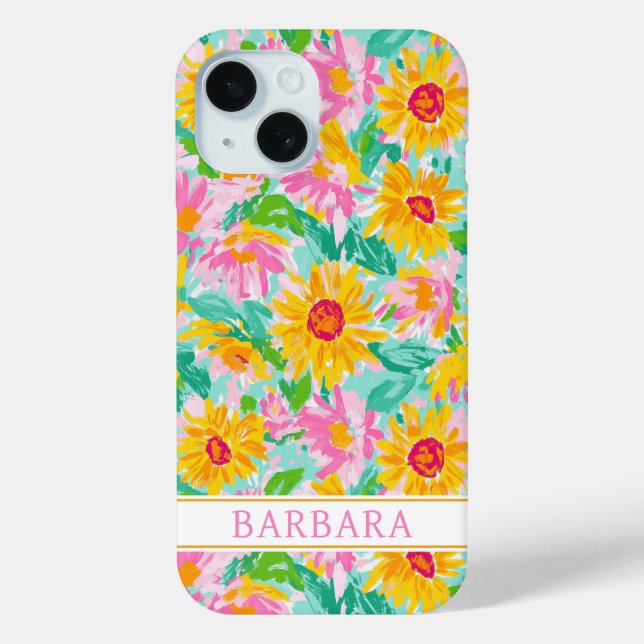 Funda De Case-Mate Para iPhone Modern Sunflower Painting Monogrammed (Reverso )