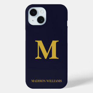 Funda Para iPhone 15 Moderna Marina Monograma Azul Oro estilo Minimalis