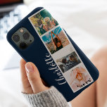 Funda Para iPhone 12 Pro Moderno 4 fotos nombre de collage de cuadrícula en<br><div class="desc">Moderno color de cuadrícula de 4 fotos sobre azul marino con un collage de estilo de cabina de fotos</div>
