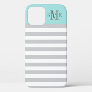 Funda Para iPhone 12 Moderno Aqua Blue Gray Stripes Personalizado Monog