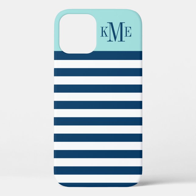 Funda De Case-Mate Para iPhone Moderno Aqua Blue Navy Stripes Personalizado Monog (Reverso )
