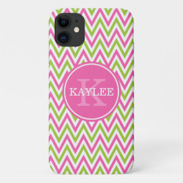 Funda Para iPhone 11 Moderno Chevron verde de cal rosa y monograma