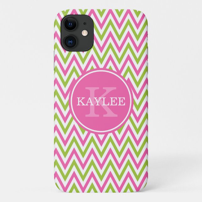Funda De Case-Mate Para iPhone Moderno Chevron verde de cal rosa y monograma (Reverso)