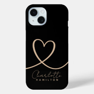 Funda Para iPhone 15 Moderno Corazón de Amor Nombre Personalizado Negro