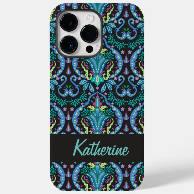 Funda De Case-Mate Para iPhone Moderno Damask Art Deco Black Turquoise Blue Name (Reverso )