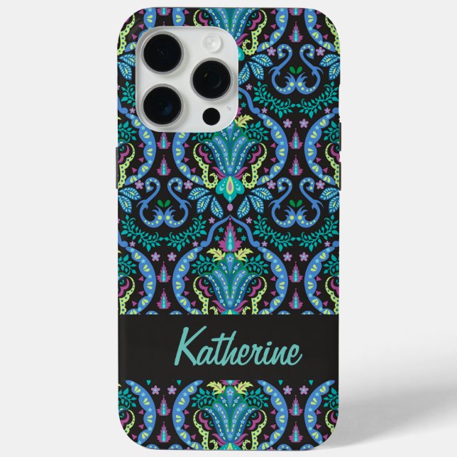 Funda De Case-Mate Para iPhone Moderno Damask Art Deco Black Turquoise Blue Name (Reverso )