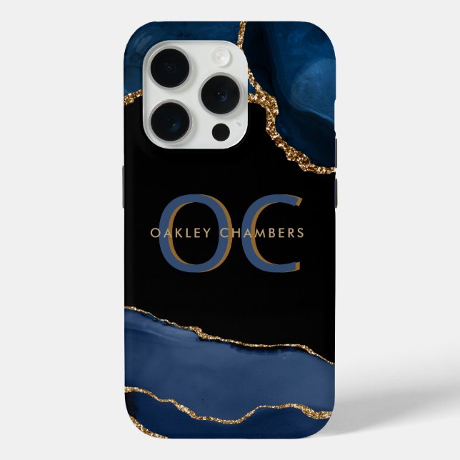 Funda De Case-Mate Para iPhone Moderno Gold Blue Monograma Navy Black Gold Agate (Reverso )
