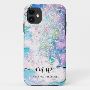 Funda Para iPhone 11 Moderno monograma brillante azul púrpura chic