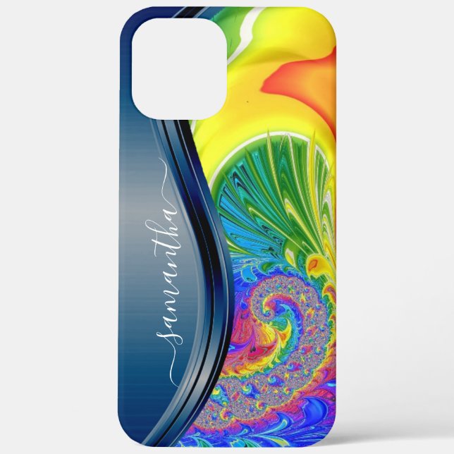 Funda De Case-Mate Para iPhone Moderno nombre manuscrito arco iris azul fractal (Reverso )