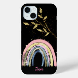 Funda Para iPhone 15 Mini Moderno Pastel Arcoiris y Oro deja nombre personal