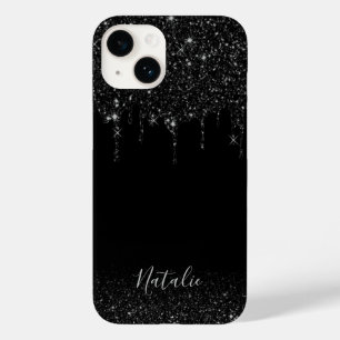 Funda Para iPhone 14 De Case-Mate Moderno Purpurina negro con nombre personalizado e