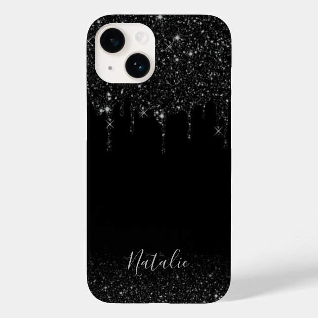 Funda De Case-Mate Para iPhone Moderno Purpurina negro gotea elegante nombre pers (Reverso )