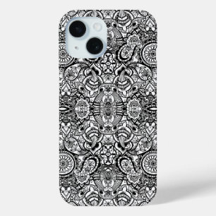 Funda Para iPhone 15 Mono floral paisley blanco negro lindo