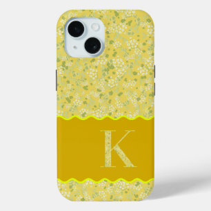 FUNDA PARA iPhone 15 MONOGRAM INITIAL K AMARILLO PEQUEÑAS FLORES