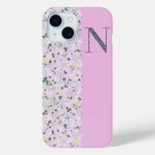 FUNDA PARA iPhone 15 MONOGRAM INITIAL N LILAC PEQUEÑAS FLORES