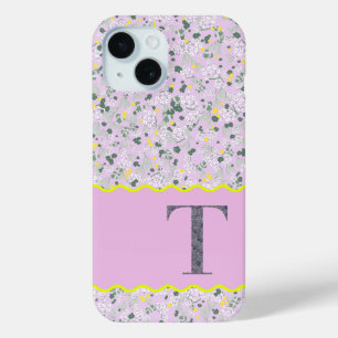 FUNDA PARA iPhone 15 MONOGRAM INITIAL T LILAC LITTLE FLOWERS